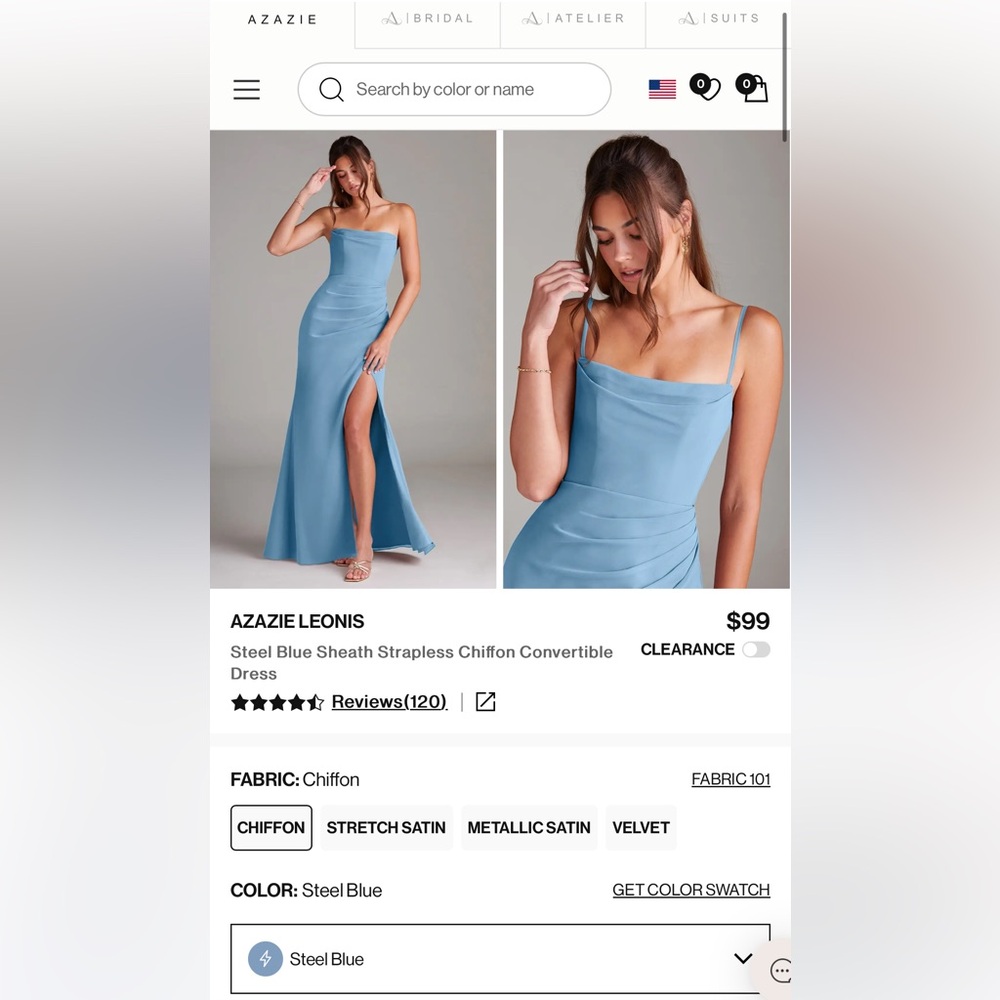 Azazie Leonis Steel Blue Bridesmaid Dress - Custom Size 34-27-35” approx size 4